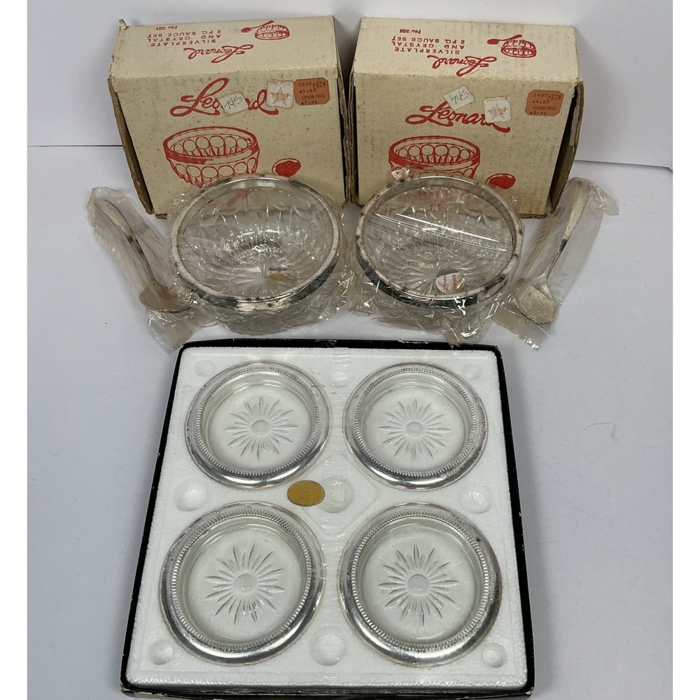 2 VTG LEONARD SILVER 351 Silverplate Crystal Sauce Set & Coaster Set Italy 1980